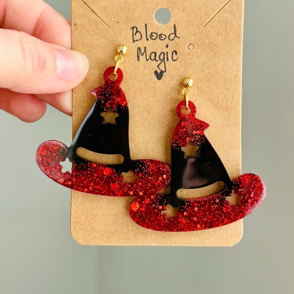 Witch Hat Earrings, Blood Red Glitter Gothic Jewelry, Dark Romantic Halloween